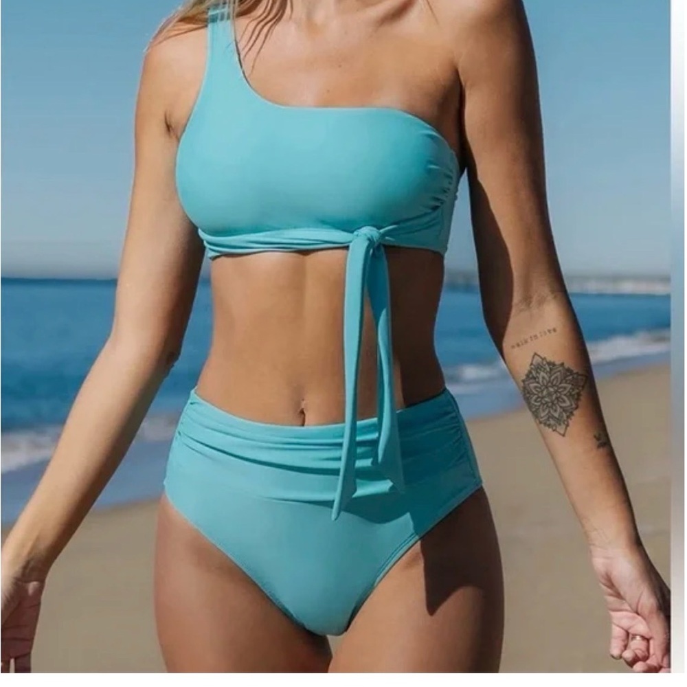Cupshe One-Shoulder Turquoise High-Waist Bikini Set Medium NWT